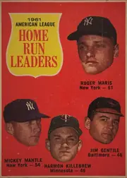 Front of 1962 Topps 1961 AMERICAN LEAGUE HOME RUN LEADERS #53 Base, front of a baseball league leaders card. Red background with a thin off-white border. Upper left has a yellow shield-shaped panel with white outline…