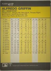 Back of 1986 Fleer Alfredo Griffin #417 Base, portrait-oriented statistics back. A dark charcoal-gray header contains the white FLEER logo and card number 417 at upper left. A wide yellow panel…