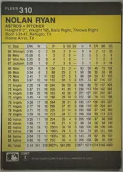 Back of 1986 Fleer Baseball Cards NOLAN RYAN #310 Base, landscape-oriented statistics back shown upright. A dark charcoal header contains the white FLEER brand and card number 310 at upper left. Below it…