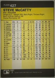 Back of 1986 Fleer Baseball Cards Steve McCatty #427 Base, upright portrait-oriented baseball card back. A black top band contains the FLEER brand and card number 427 at upper left. A yellow header…