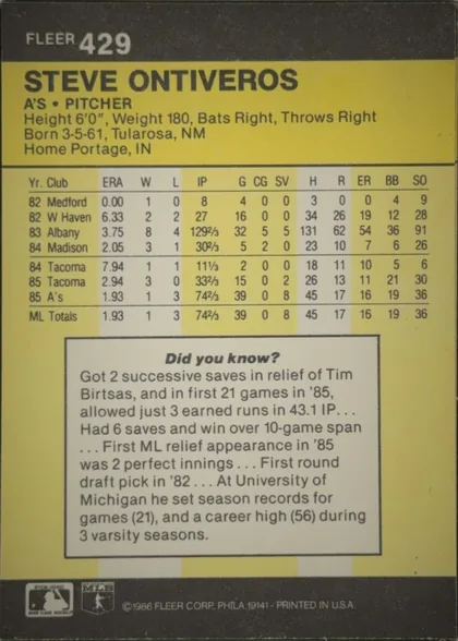 Back of 1986 Fleer Baseball Cards Steve Ontiveros #429, portrait-oriented baseball card back. A dark charcoal header carries the white FLEER brand and card number 429 at upper left. Below it, a large…