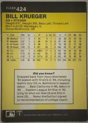 Back of 1986 Fleer Bill Krueger #424, upright landscape-oriented card back. A black top band contains the white FLEER logo and card number 424. Below it, a large yellow panel presents…