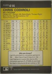 Back of 1986 Fleer Chris Codiroli #414, landscape-oriented statistics back. A dark charcoal header across the top shows FLEER and card number 414 at upper left. Below it, a large yellow…