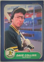 Front of 1986 Fleer Dave Collins #415 Base, front of a Fleer baseball card. A full-color action/portrait photo fills most of the card within a rounded-corner cream inner frame: a player…