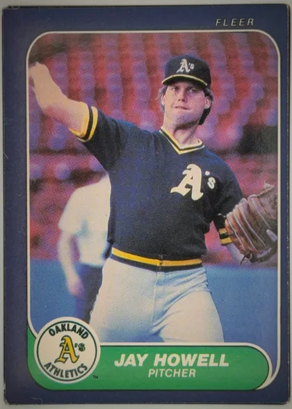 Front of 1986 Fleer JAY HOWELL #421 Base, front of a baseball card. Top-right corner shows the brand word 'FLEER' in light gray capital letters on the dark blue border. The central…