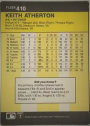 Back of 1986 Fleer Keith Atherton #410 Base, upright portrait-oriented card back. A dark charcoal header spans the top with white FLEER branding and card number 410 at upper left. The yellow…