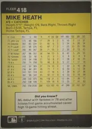 Back of 1986 Fleer Mike Heath #418 Base, portrait-oriented baseball card back. A black header across the top contains the white FLEER mark and card number 418. The yellow main field begins…