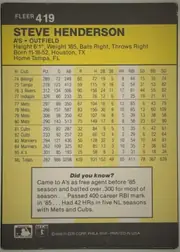 Back of 1986 Fleer Steve Henderson #419 Base, back of a portrait-oriented baseball card. A dark charcoal header contains the white FLEER brand and card number 419 at upper left. A yellow name…