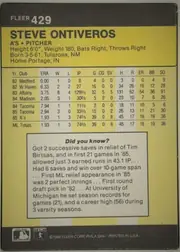 Back of 1986 Fleer Steve Ontiveros #429 Base Card, upright portrait-format baseball card back. A dark charcoal header carries the white FLEER logo and card number 429 at upper left. A large yellow…