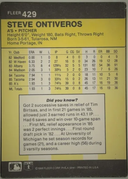 Back of 1986 Fleer Steve Ontiveros #429 Base Card, upright portrait-format baseball card back. A dark charcoal header carries the white FLEER logo and card number 429 at upper left. A large yellow…