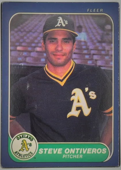 Front of 1986 Fleer Steve Ontiveros #429, portrait baseball card front oriented upright. A color photograph shows a player in an Oakland Athletics uniform and cap against a stadium…