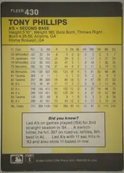 Back of 1986 Fleer Tony Phillips #430 Base, upright statistics back. A charcoal-gray header contains the FLEER brand and card number 430 at upper left. Below, a large yellow identity panel…