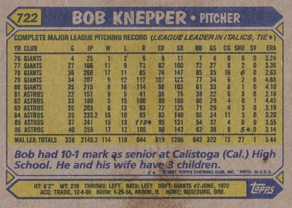 Back of 1987 Topps Baseball BOB KNEPPER • PITCHER #722, landscape-oriented baseball card back. A blue header across the top contains the yellow card number panel 722 at upper left and the large name line…