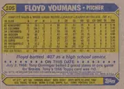 Back of 1987 Topps Baseball Floyd Youmans • Pitcher #105 Base, landscape-oriented baseball card back. A blue header across the top contains a yellow arrow-shaped number panel at left reading 105 and the large…