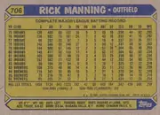 Back of 1987 Topps Baseball RICK MANNING #706 Base, landscape-oriented baseball card back. A blue header across the top contains a yellow card-number tab at left reading 706 and the large cream title…
