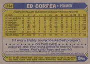 Back of 1987 Topps Ed Correa #334 Base, back of a portrait-oriented baseball card. A blue header band across the top contains the yellow number 334 at left and the title ED CORREA •…