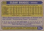 Back of 1987 Topps Glenn Braggs #622 1987 Topps Baseball (flagship base, #397-792 series-2 printing), landscape-oriented baseball card back. A blue header across the top contains the yellow number 622 at left and the large cream title GLENN BRAGGS •…