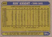 Back of 1987 Topps Ray Knight #488 Base, landscape-oriented baseball card back. A blue header across the top displays the yellow card number 488 at left and the large name RAY KNIGHT…