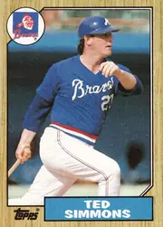 Front of 1987 Topps Ted Simmons #516 1987 Topps, upright portrait baseball card front. A color action photograph shows a Braves player in a blue uniform and batting helmet. The circular Braves logo…