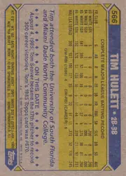 Back of 1987 Topps Tim Hulett #566 Base, landscape-oriented baseball card back. A blue header across the top contains the large name TIM HULETT, position text 2B-3B, and card number 566 in…