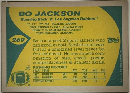 Back of 1989 Topps Football Bo Jackson #269 Base, landscape-oriented yellow-and-dark-teal statistics back. Large bold green "BO JACKSON" heading spans the upper area, with position and team directly…