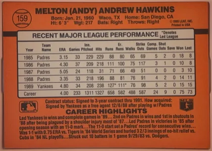 Back of 1990 Donruss Baseball Andy Hawkins #159, landscape-oriented baseball card back. The orange field has a black horizontal stripe near the top and a large cream statistics box occupying the…