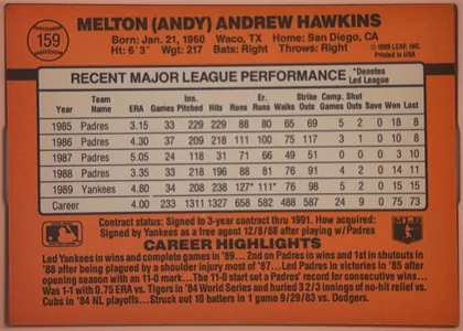 Back of 1990 Donruss Baseball Andy Hawkins #159, landscape-oriented baseball card back. The orange field has a black horizontal stripe near the top and a large cream statistics box occupying the…