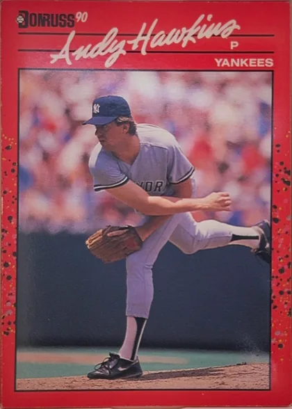 Front of 1990 Donruss Baseball Andy Hawkins #159, portrait baseball card front. The upper left has the Donruss logo and "'90". A large white script name, "Andy Hawkins," spans the upper header, with…