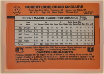 Back of 1990 Donruss Baseball Bob McClure #470, landscape-oriented baseball card back dominated by an orange field. The upper area has a baseball graphic containing number 470 at left and the bold…