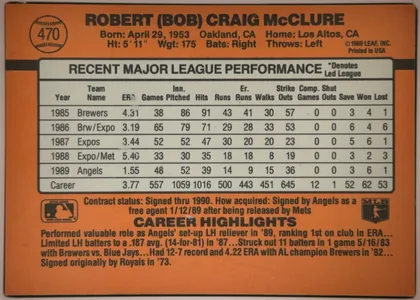 Back of 1990 Donruss Baseball Bob McClure #470 Base, orange baseball card back oriented upright, with a circular baseball graphic and card number 470 at upper left. The player's name is printed…