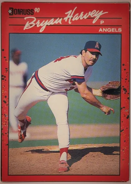 Front of 1990 Donruss Baseball Brian Harvey #372 Base, portrait baseball card front. A black Donruss logo and red "90" appear at the upper left. The player's name, "Brian Harvey," is printed prominently…