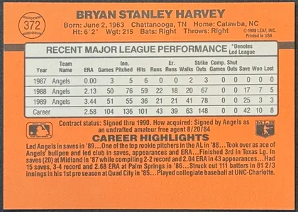 Back of 1990 Donruss Baseball Bryan Stanley Harvey #372, landscape-oriented orange baseball card back. The player's name is centered across the top, with biographical information beneath it and a circular…