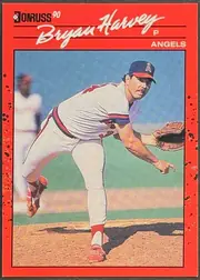 Front of 1990 Donruss Baseball Bryan Stanley Harvey #372, portrait baseball player card. The upper red header contains the Donruss 90 logo at left, a large white script name reading Bryan Harvey across the…