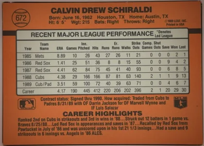 Back of 1990 Donruss Baseball Calvin Drew Schiraldi #672, upright landscape-format baseball card back dominated by an orange field. The player name is printed in large bold black type across the top, with…