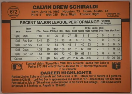 Back of 1990 Donruss Baseball CALVIN DREW SCHIRALDI #672, landscape-oriented baseball card back dominated by an orange background. The player name is printed in large black capitals across the top. A…