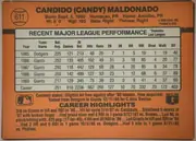 Back of 1990 Donruss Baseball Candy Maldonado #611 Base, upright landscape-oriented baseball card back. An orange-brown field surrounds a large light gray statistics table in the upper and middle portion…