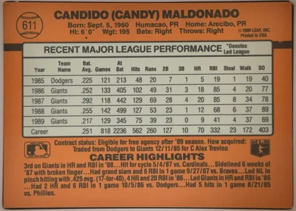 Back of 1990 Donruss Baseball Candy Maldonado #611 Base, upright landscape-oriented baseball card back. An orange-brown field surrounds a large light gray statistics table in the upper and middle portion…