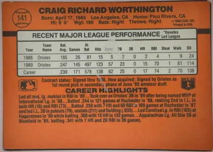 Back of 1990 Donruss Baseball Craig Worthington #141, upright landscape-format baseball card back. The card is predominantly orange with a black horizontal stripe near the top. A large pale gray-white…