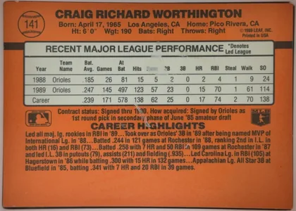 Back of 1990 Donruss Baseball Craig Worthington #141, landscape-oriented orange baseball card back. A baseball-shaped circle at upper left contains card number 141. The player name is printed…