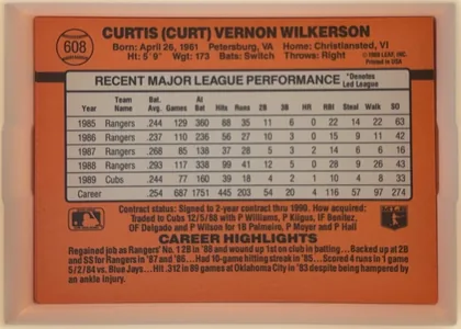 Back of 1990 Donruss Baseball Curt Wilkerson #608, orange-red baseball card back. The upper portion prominently names CURTIS (CURT) VERNON WILKERSON and lists biographical details. A baseball graphic…