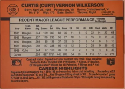 Back of 1990 Donruss Baseball Curt Wilkerson #608, orange-red baseball card back. The upper portion prominently names CURTIS (CURT) VERNON WILKERSON and lists biographical details. A baseball graphic…