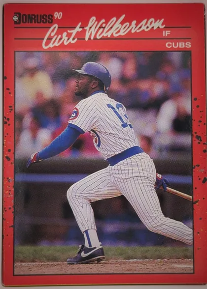 Front of 1990 Donruss Baseball CURTIS (CURT) VERNON WILKERSON #608, portrait-oriented baseball card front. The upper area has the Donruss logo and printed text '90', with the player's large white script name 'Curt…