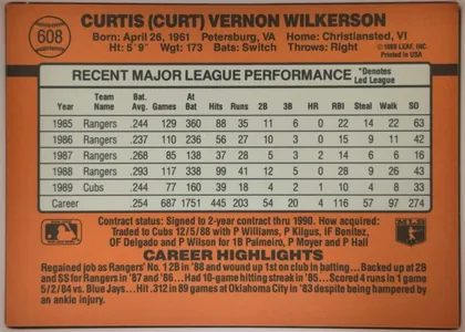 Back of 1990 Donruss Baseball CURTIS (CURT) VERNON WILKERSON #608, landscape-oriented baseball card back dominated by an orange background. The player name is printed in large black type across the top, with…