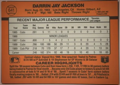 Back of 1990 Donruss Baseball Darrin Jackson #641 Base, upright landscape-oriented baseball card back. The orange field contains a baseball-shaped number emblem with 641 at upper left, the player name and…