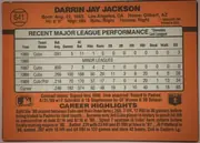Back of 1990 Donruss Baseball DARRIN JAY JACKSON #641, upright landscape-oriented baseball card back. An orange field surrounds a large cream statistics table outlined in black. The top header names…