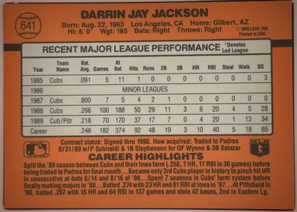 Back of 1990 Donruss Baseball DARRIN JAY JACKSON #641, upright landscape-oriented baseball card back. An orange field surrounds a large cream statistics table outlined in black. The top header names…