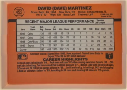 Back of 1990 Donruss Baseball Dave Martinez #452, landscape baseball card back on a solid orange field. At upper left a baseball-shaped emblem holds the number 452. Across the top center the name…