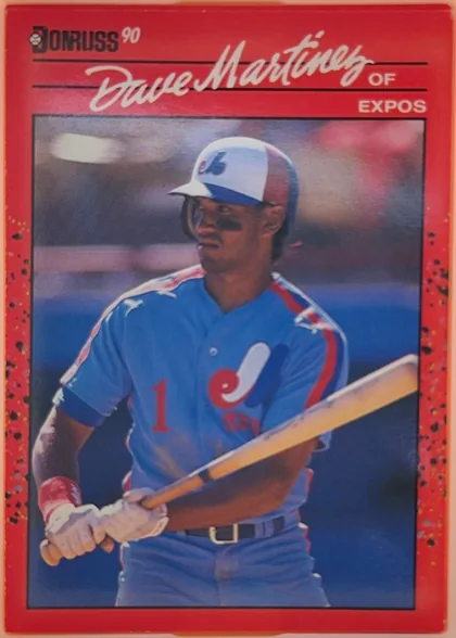 Front of 1990 Donruss Baseball Dave Martinez #452, portrait baseball card front. A red header contains the Donruss '90 logo at upper left, the large script name Dave Martinez across the top, and "OF"…