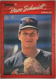 Front of 1990 Donruss Baseball David (Dave) Joseph Schmidt #524, upright portrait baseball card front. A red header carries the Donruss 90 logo at upper left, a large white script player name across the top, and…