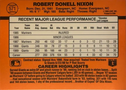 Back of 1990 Donruss Baseball Donell Nixon #571 Base, upright landscape-oriented baseball card back. Bright orange field with black horizontal stripe accents. The player's full name is printed…